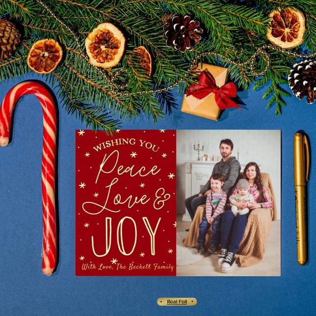 Peace, Love & Joy Christmas Photo Real Foil Holiday Postcard (Creator Uploaded)