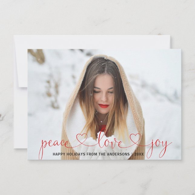 Peace Love Joy Christmas Red Snowflakes | PHOTO Holiday Card (Front)
