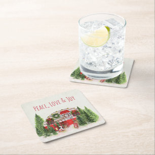 Peace, Love & Joy Christmas Trailer Camper Square Paper Coaster