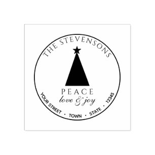Peace Love & Joy , Christmas Tree Return Address Rubber Stamp