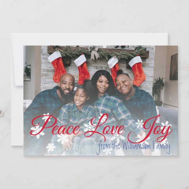 Peace Love Joy Christmas Your Photo Red Script Holiday Card (Front)