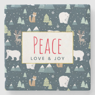 Peace Love & Joy Cute Christmas Animals Pattern Stone Coaster