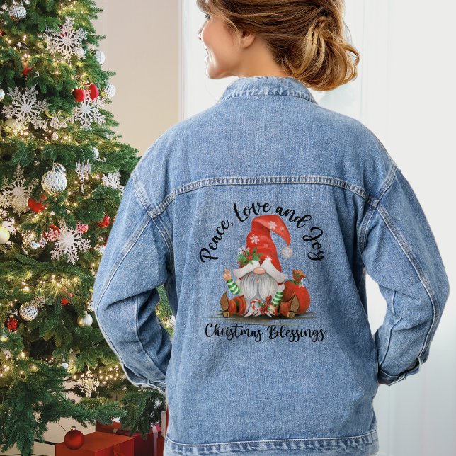 Peace, Love & Joy, Cute Gnome Christmas Blessings Denim Jacket (Peace, Love & Joy, Cute Gnome Christmas Blessings Denim Jacket)
