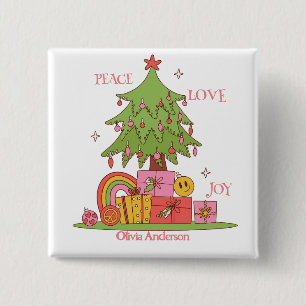 Peace, Love & Joy - Cute Retro Christmas Tree  15 Cm Square Badge