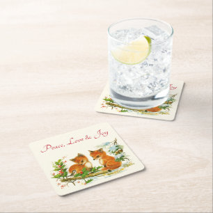 Peace, Love & Joy Cute Vintage Foxes Christmas Square Paper Coaster