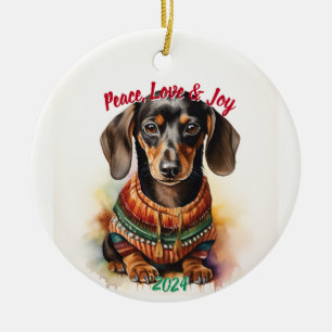Peace, Love & Joy Dachshund: Watercolor Ceramic Ornament