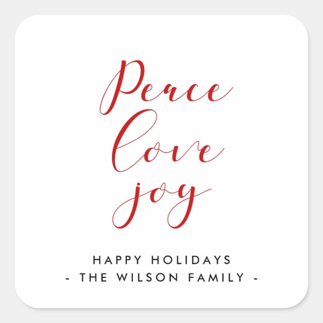 Peace love joy elegant red font square sticker (Front)