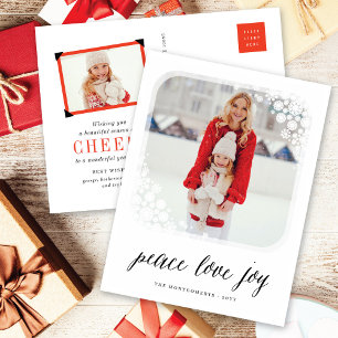 Peace Love Joy Elegant Snowflakes Frame Chic Photo Holiday Postcard