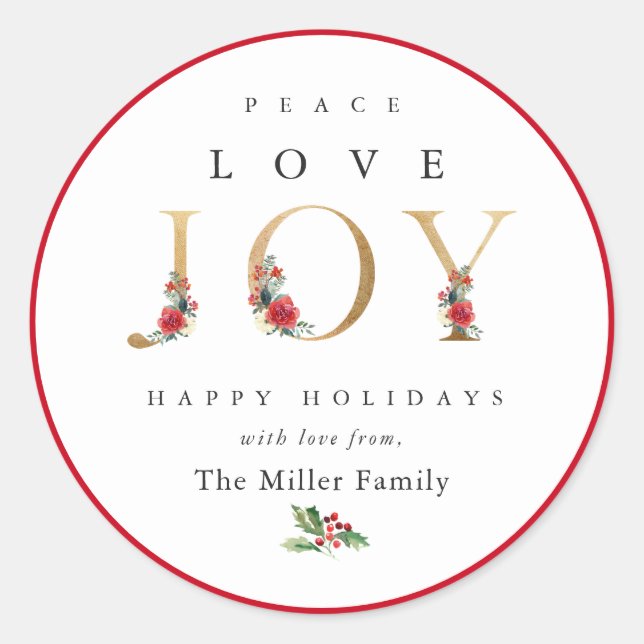 Peace Love Joy Festive Winter Floral Berries Classic Round Sticker (Front)