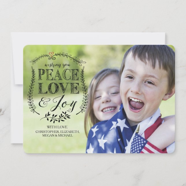 Peace Love & Joy Flat Christmas Holiday Photo Card (Front)