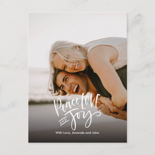 Peace love Joy | Full photo Modern Hand Lettered Holiday Postcard (Front)