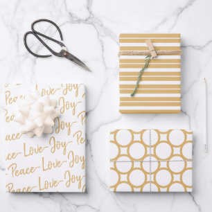 Peace, Love, Joy Gold and White Christmas Wrapping Paper Sheet