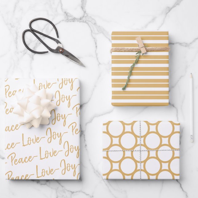 Peace, Love, Joy Gold and White Christmas Wrapping Paper Sheet (Front)