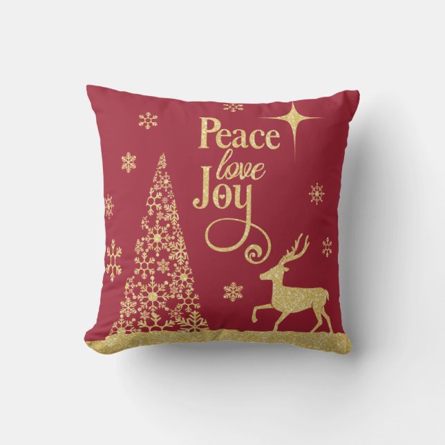 Peace Love Joy Gold Glitter Red Christmas Tree  Cushion (Front)