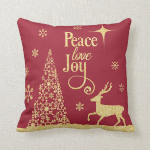 Peace Love Joy Gold Glitter Red Christmas Tree  Cushion
