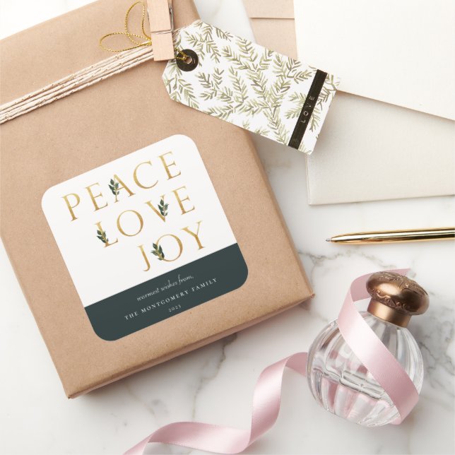 Peace Love Joy Golden Botanical Holiday Square Sticker (Gifting)
