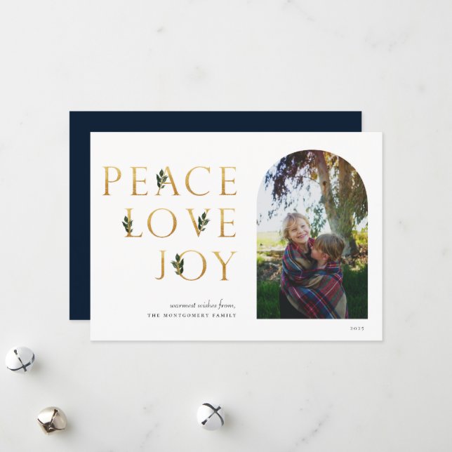Peace Love Joy Golden Photo Holiday Card (Front/Back In Situ)