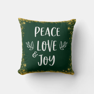 Peace Love Joy Green Gold Glitter Script Stars  Cushion