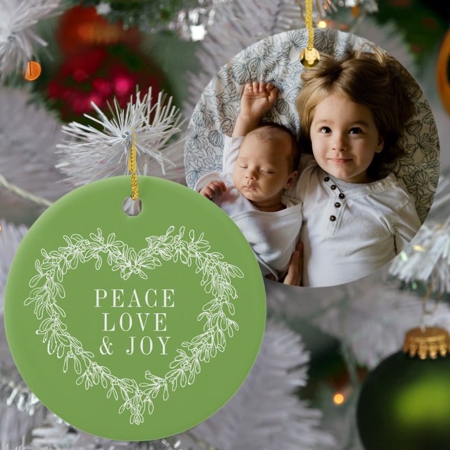 Peace, love joy green mistletoe Christmas green Ceramic Ornament (Creator Uploaded)