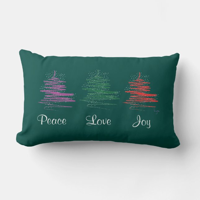 Peace, Love, Joy, Holiday Modern Green Lumbar Cushion (Front)