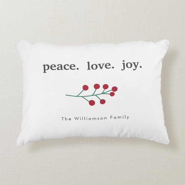 Peace Love Joy Holly Berries Holiday Christmas Red Decorative Cushion (Front)