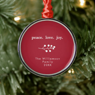 Peace Love Joy Holly Berries Holiday Christmas Red Metal Ornament