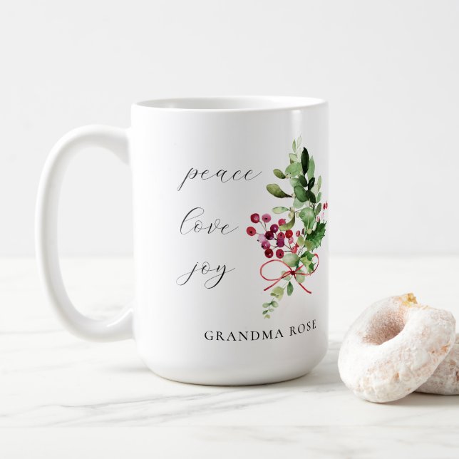 Peace Love Joy Holly Berry Holiday Coffee Mug (With Donut)