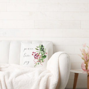 Peace Love Joy Holly Berry Red  Cushion