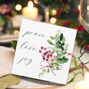 Peace Love Joy Holly Berry Red  Holiday Card