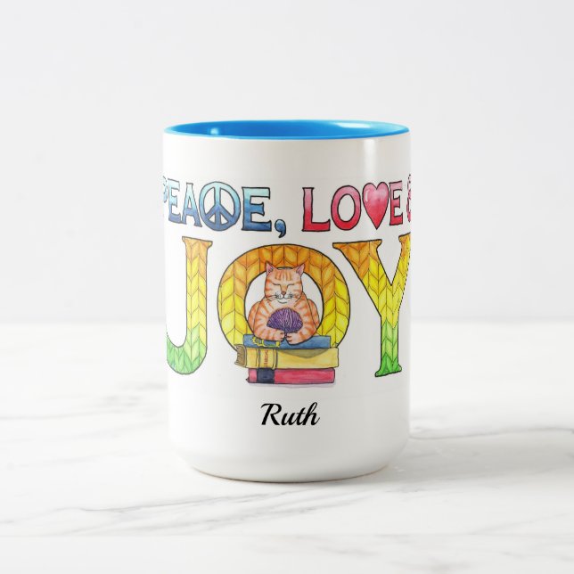 Peace Love Joy Knitting Kitty Personalised Two-Tone Coffee Mug (Center)