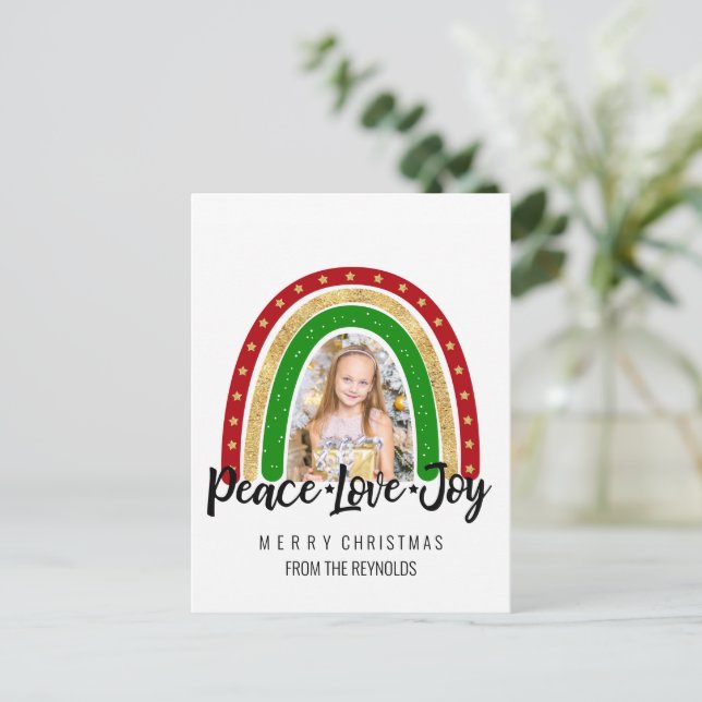 Peace Love Joy Merry Christmas Rainbow Photo Holiday Postcard (Standing Front)