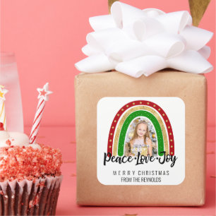 Peace Love Joy Merry Christmas Rainbow Photo Square Sticker