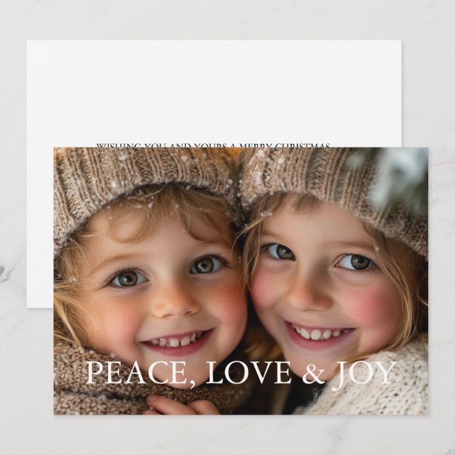 Peace Love Joy Minimalist Typography White Photo Holiday Card (Front/Back)