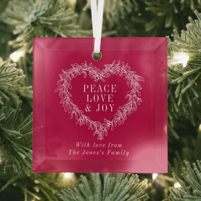 Peace, love joy mistletoe Christmas white red Glass Tree Decoration (Insitu)