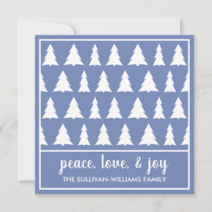 Peace Love Joy Modern Blue White Tree Pattern Holiday Card