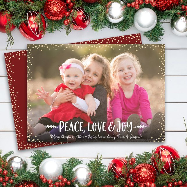 Peace Love Joy Modern Chic Typography Custom Photo Holiday Card (Creator Uploaded)
