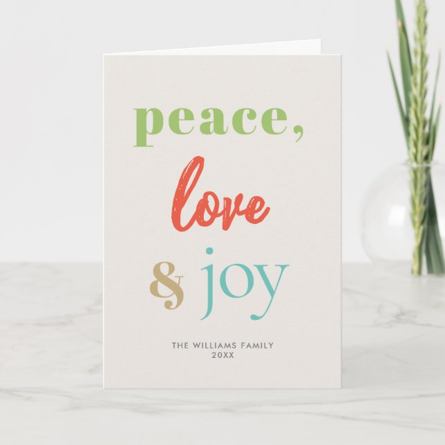 Peace Love Joy Modern Colourful Folded Holiday Car Card (Front)
