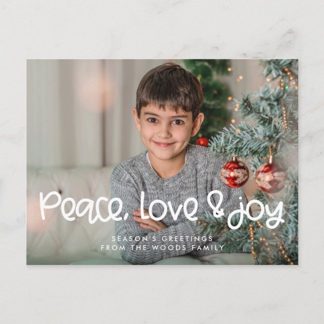 Peace Love Joy Modern Cute script Christmas photo Postcard (Front)