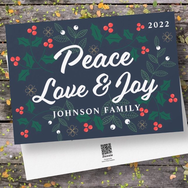 Peace Love & Joy Modern Holly Berries Foliage Holiday Card (Creator Uploaded)
