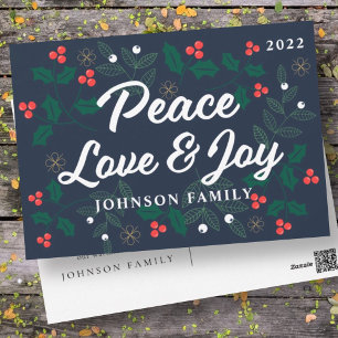 Peace Love & Joy Modern Holly Berries Foliage Holiday Postcard