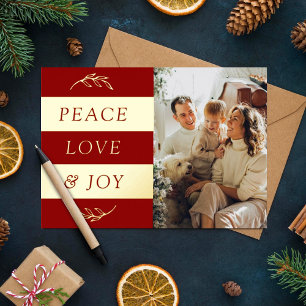Peace, Love & Joy Modern Photo Christmas Real Foil Holiday Card