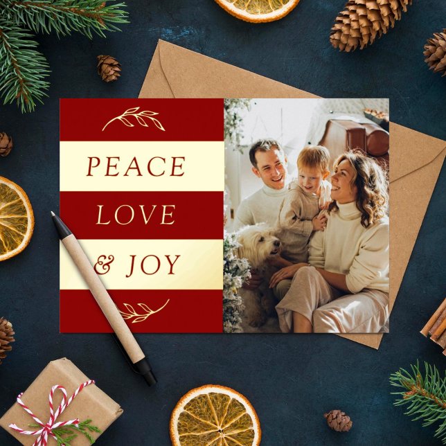 Peace, Love & Joy Modern Photo Christmas Real Foil Holiday Card (Creator Uploaded)