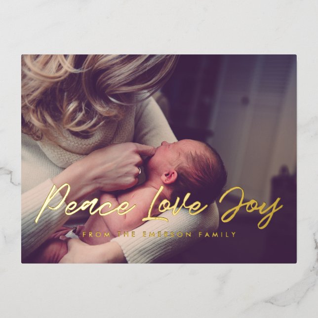 Peace Love Joy modern photo Foil Holiday Postcard (Front)