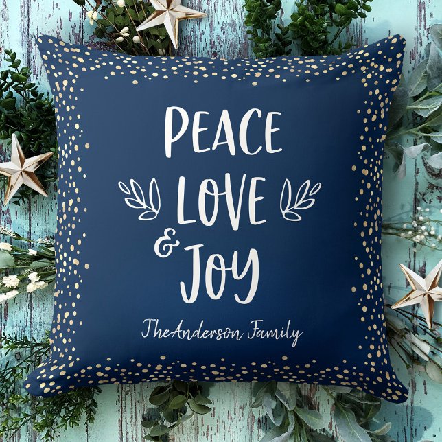 Peace Love Joy Modern Script Gold Dots Navy Name Cushion (Creator Uploaded)
