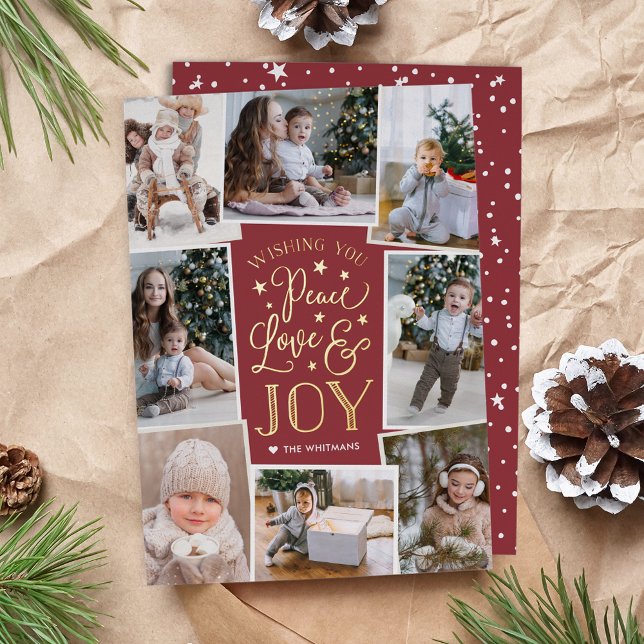 Peace, Love & Joy | Multi Photo Collage Foil Holiday Card (Creator Uploaded)