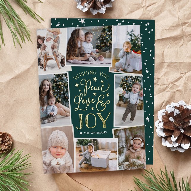 Peace, Love & Joy | Multi Photo Collage Foil Holiday Card (Creator Uploaded)