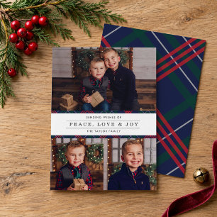 Peace Love Joy Navy Plaid Photo Collage Holiday Card