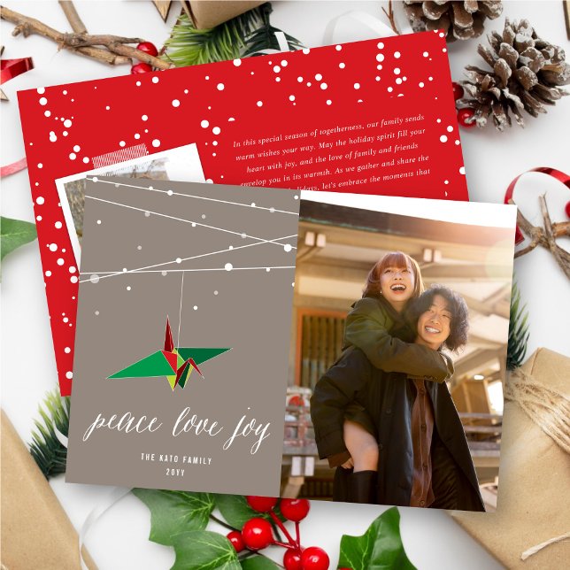 Peace Love Joy Origami Paper Crane Modern Photo Holiday Card (Creator Uploaded)