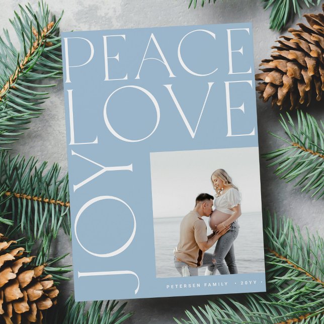 Peace Love Joy photo blue white Christmas Holiday Card (Creator Uploaded)