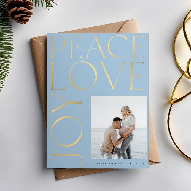 Peace Love Joy photo gold typography Christmas Holiday Card (Creator Uploaded)
